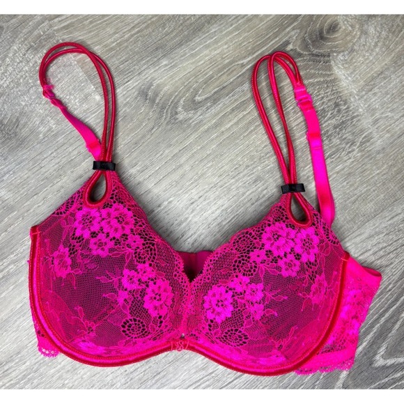 Victoria's Secret Other - Victoria's Secret Sexy Little Things Pink Lace Black Underlay Padded‎ Bra Sz 32D